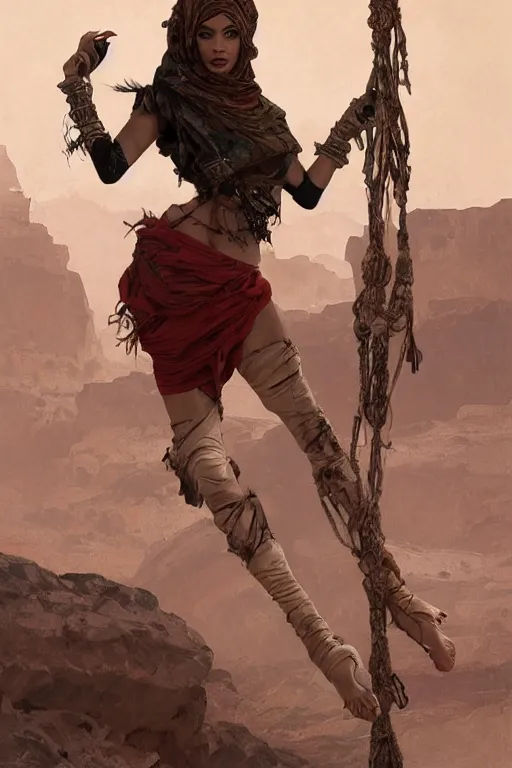 Image similar to a full body portrait of a beautiful post apocalyptic offworld desert bedouin thief savage rogue in beggars clothes in ballet pose by the emerald oasis pools, intricate, elegant, highly detailed, digital painting, artstation, concept art, smooth, sharp focus, illustration, art by krenz cushart and artem demura and alphonse mucha