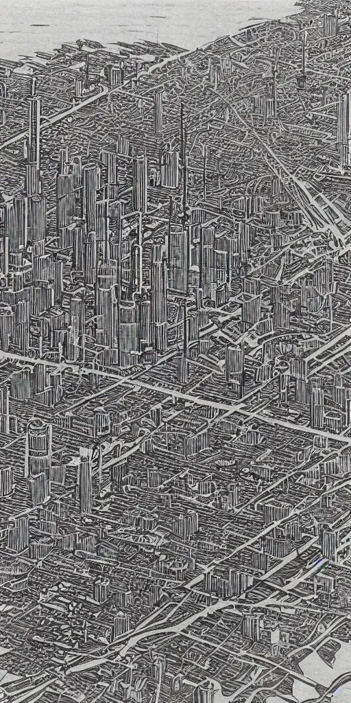 Image similar to high detail woodcut of toronto in the 1 9 7 0 s, aerial photography.