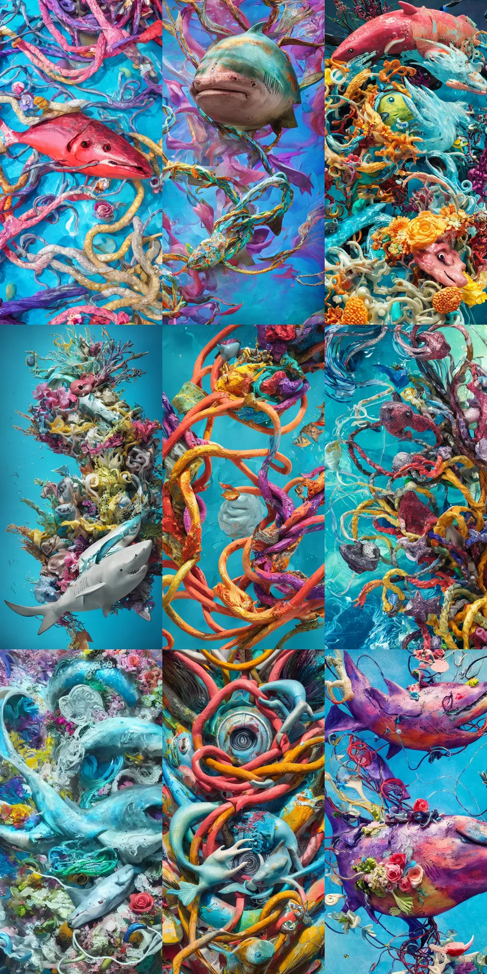 Prompt: closeup photograph of a surrealist sculpture fish intertwined, a lovely cornucopia of flowers and shark, ocean, paint pour, swirling paint, muted color palette, skin tones, highly detailed, octane render, cinematic