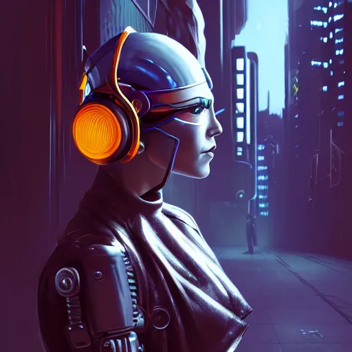 Image similar to Side view of a cyborg demon blond in cyberpunk headset and helmet on the street of a cyberpunk city, sci-fi, fantasy, intricate, very very beautiful, elegant, highly detailed, digital painting, artstation, concept art, smooth, sharp focus, illustration, art by Josan Gonsales