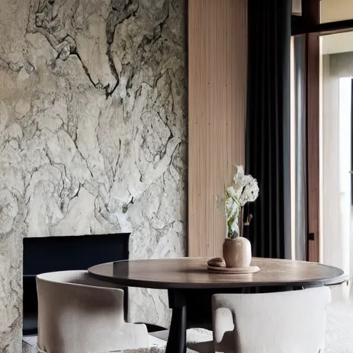 Image similar to lounge and dining room, stone, interior design, stylish luxury hotel living room design, yakisugi, black vertical slatted timber, textures, feminine, black walls, art, Japanese pottery vase with flowers, kakejiku, seasonal, Japanese influences