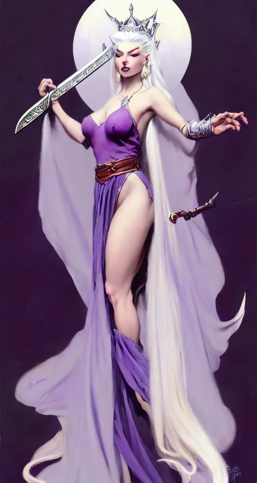 Image similar to frank frazetta painting of queen of hokra, silver white hair, violet long gown, full body, sorceress sword, soft lighting, trending on artstation, by huang guangjian and gil elvgren and sachin teng