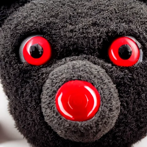 Image similar to robot black teddy bear with red eyes, face close up, realistic, highly detailed, studio photo, dark lighting