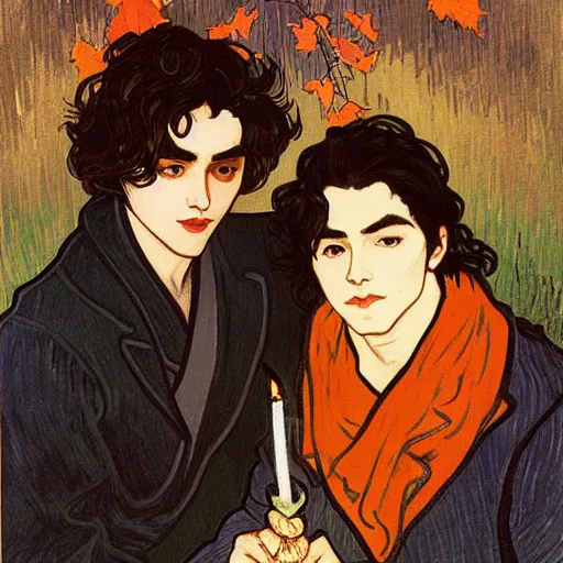 Image similar to painting of young cute handsome beautiful dark medium wavy hair man in his 2 0 s named shadow taehyung and cute handsome beautiful min - jun together at the halloween! party, bubbling cauldron!, candles!, smoke, autumn! colors, elegant, wearing suits!, clothes!, delicate facial features, art by alphonse mucha, vincent van gogh, egon schiele