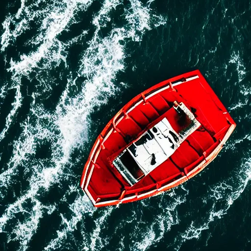 Prompt: a lonely boat floating in the turbulent red ocean, tsunami, fierce huge waves, dangerous depressing atmosphere, dark tone, disaster film, filmic, cinematic, aerial view