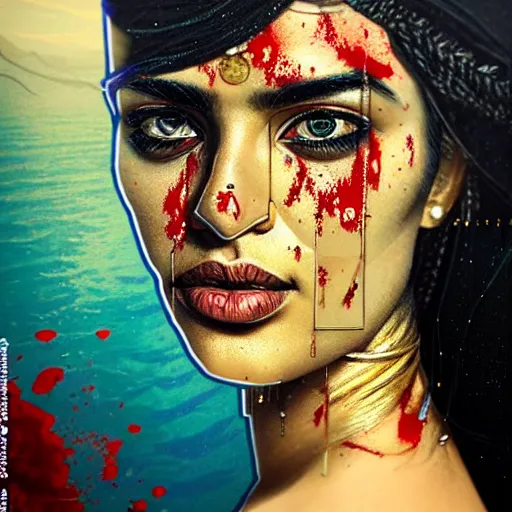 Image similar to portrait of pakistani woman :: side profile :: in ocean :: clockwork details :: gold :: blood and horror :: by vikings and Sandra Chevrier