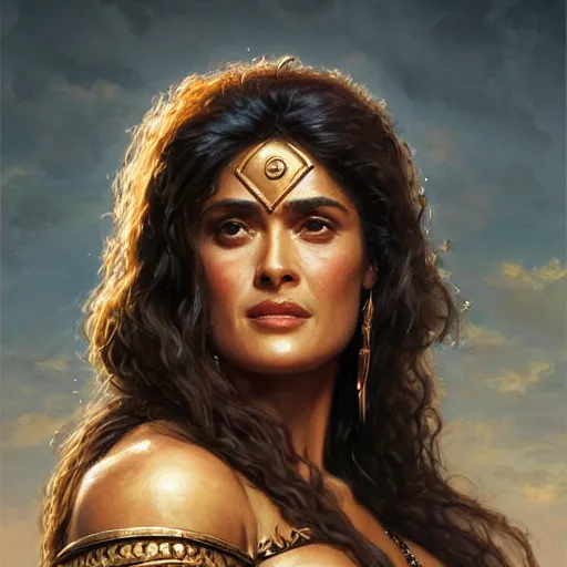 Image similar to a portrait of Salma Hayek as a barbarian, detailed, centered, digital painting, artstation, concept art, donato giancola, Joseph Christian Leyendecker, WLOP, Boris Vallejo, Breathtaking, 8k resolution, extremely detailed, beautiful, establishing shot, artistic, hyperrealistic, beautiful face, octane render