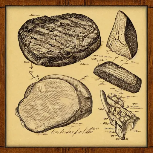 Prompt: highly detailed schematic of steak, parchment, da vinci