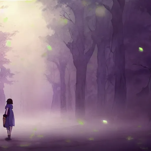 Prompt: anime, incredible wide screenshot, ultrawide, simple watercolor, rough paper texture, ghost in the shell movie scene, girl in a dress walking through the beautiful forest, outdoors, fireflies!!!, fog, dust