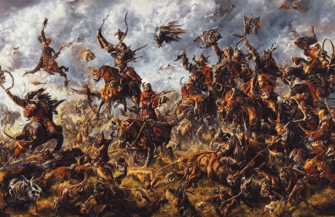 Image similar to oil painting of the wild hunt of odin