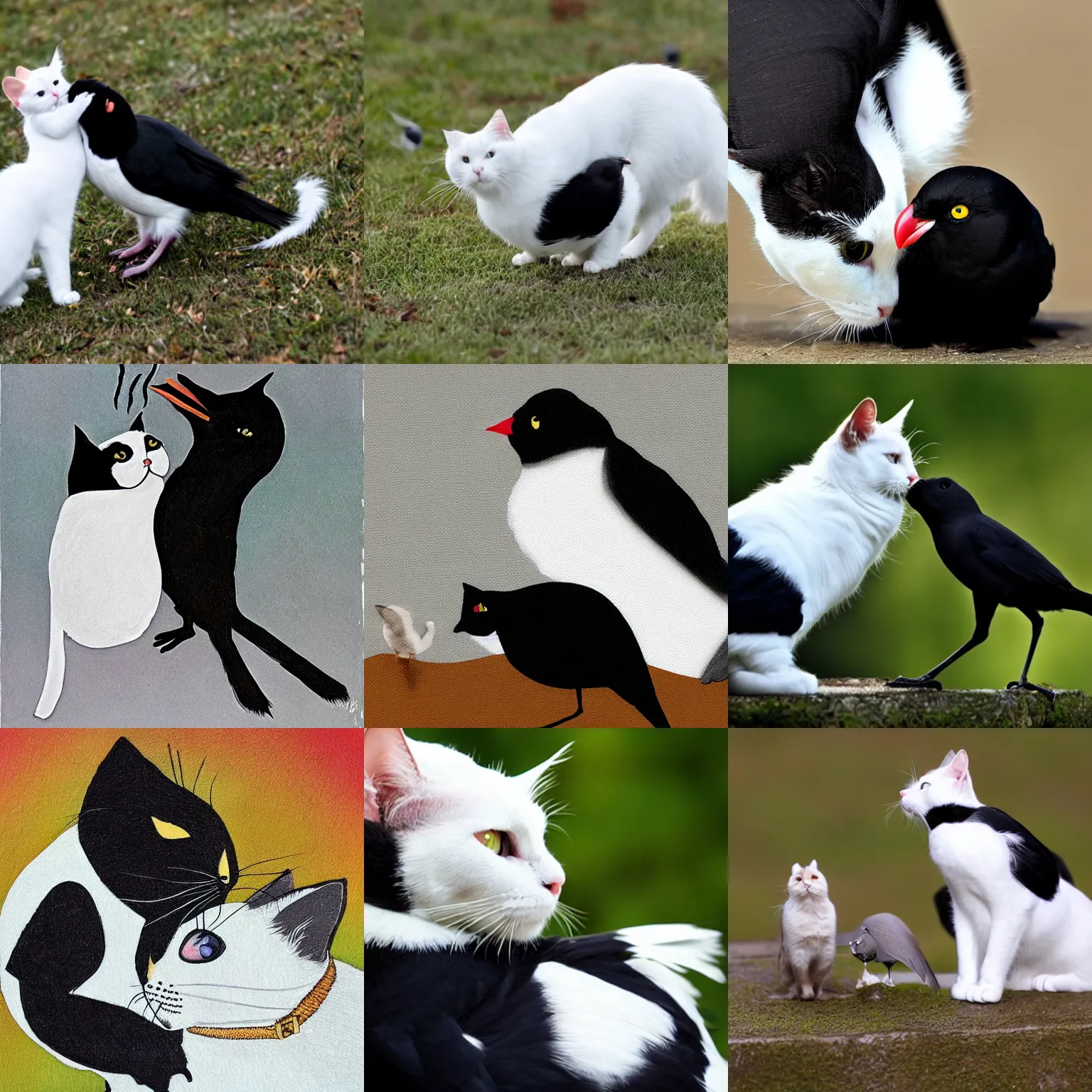 Prompt: a white cat kissing a black bird