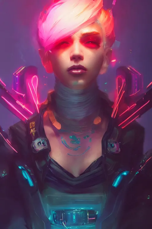 Prompt: vi from league of legends, cyberpunk futuristic neon. decorated with traditional japanese ornaments by ismail inceoglu dragan bibin hans thoma greg rutkowski alexandros pyromallis nekro rene maritte illustrated, perfect face, fine details, realistic shaded, fine - face, pretty face