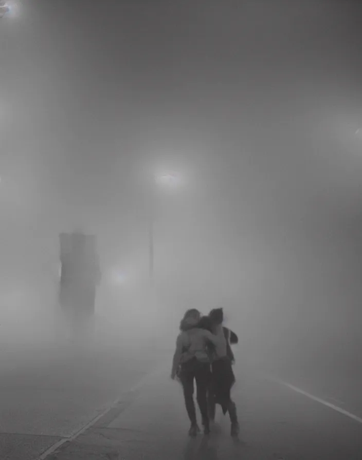 Image similar to very low - resolution found footage of a couple escaping in the city from a starfish kaiju monster, fog, foggy, korean film noir, monochrome, red hue, thriller, underdeveloped, epic, dramatic