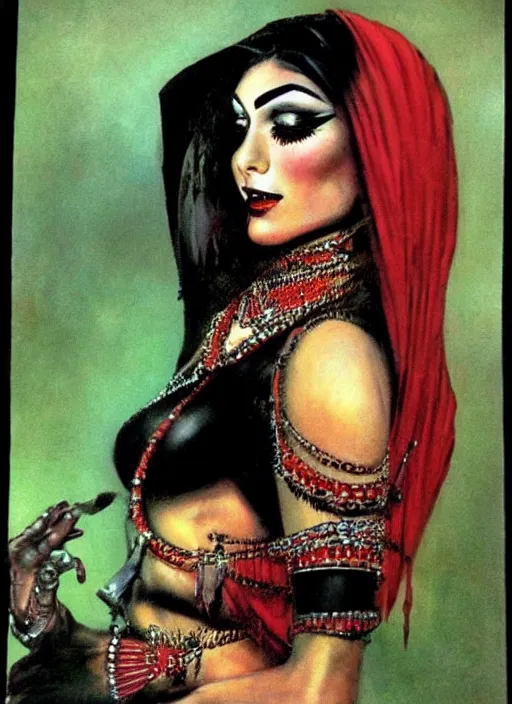 Image similar to female indian vampiress, jeweled veil, heavy mascara, strong line, saturated color, beautiful! coherent! by frank frazetta, high contrast, minimalism