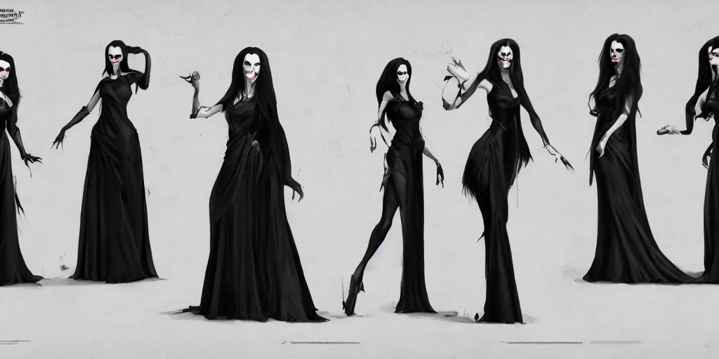 Image similar to morticia addams, character sheet, concept design, contrast, kim jung gi, greg rutkowski, zabrocki, karlkka, jayison devadas, trending on artstation, 8 k, ultra wide angle, pincushion lens effect