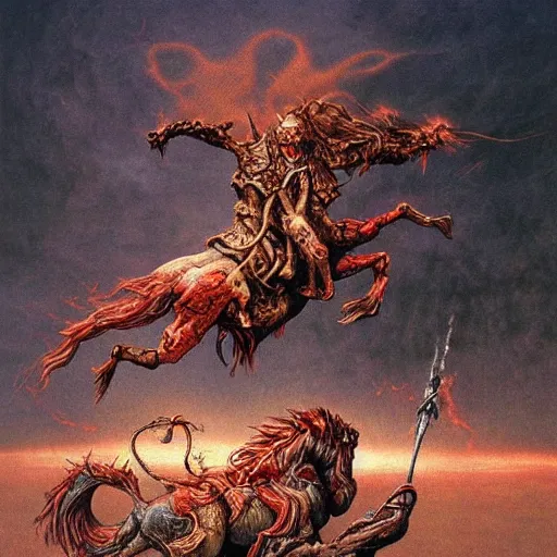 Image similar to epic wizard riding a robot horse through the gates of hell, shooting fire and flames out of his hands, beksinski style highly detailed art