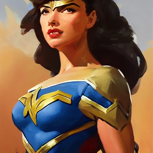 Image similar to greg manchess portrait painting of wonderwoman as overwatch character, medium shot, asymmetrical, profile picture, organic painting, sunny day, matte painting, bold shapes, hard edges, street art, trending on artstation, by huang guangjian and gil elvgren and sachin teng