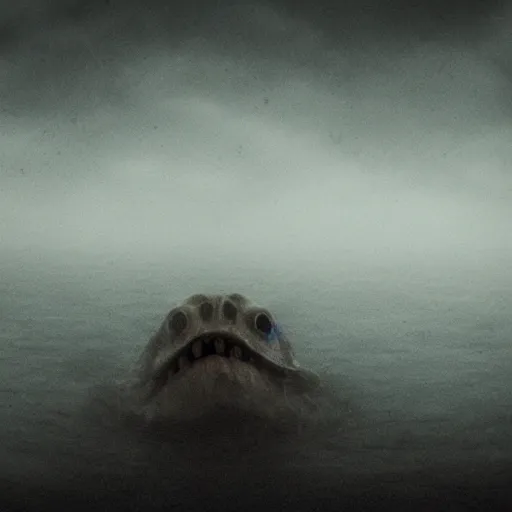 Prompt: sea monster about to eat pov underwater, foggy water, dark, dramatic,'silent hill ', big eyes, terrifying, cinematic