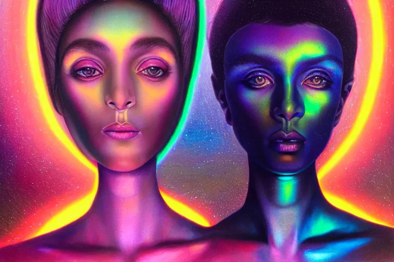 Image similar to patron saint of 🛸🌈👩🏾, futuristic iridescent clothing, wormhole, nebula, black hole, multiverse, neon god of city character portrait, in the style of margaret keane, moebius, tom bagshaw, and waterhouse, cinematic lighting, beautiful, elegant, oil painting,