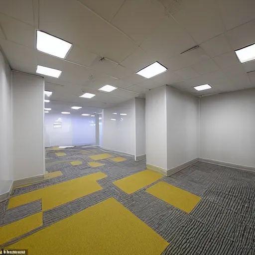 Image similar to the backrooms : an endless maze of randomly generated office rooms and other environments. it is characterized by the smell of moist carpet, walls with a monochromatic tone of yellow, and buzzing fluorescent lights