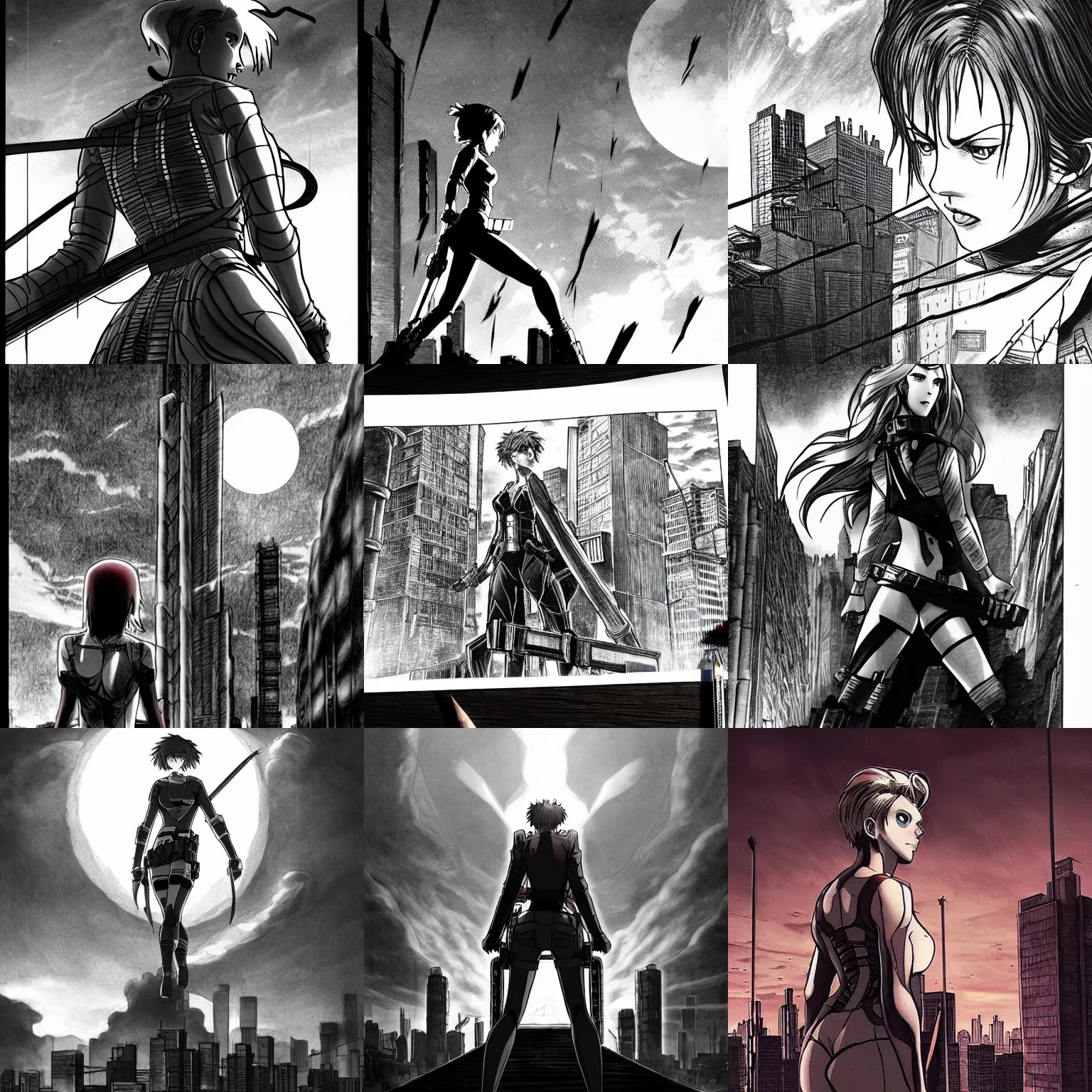 Prompt: scarlett johansson as a creepy titan, towering over a city in attack on titan anime. dramatic lighting, anime style, pencil and ink manga drawing, centered in panel