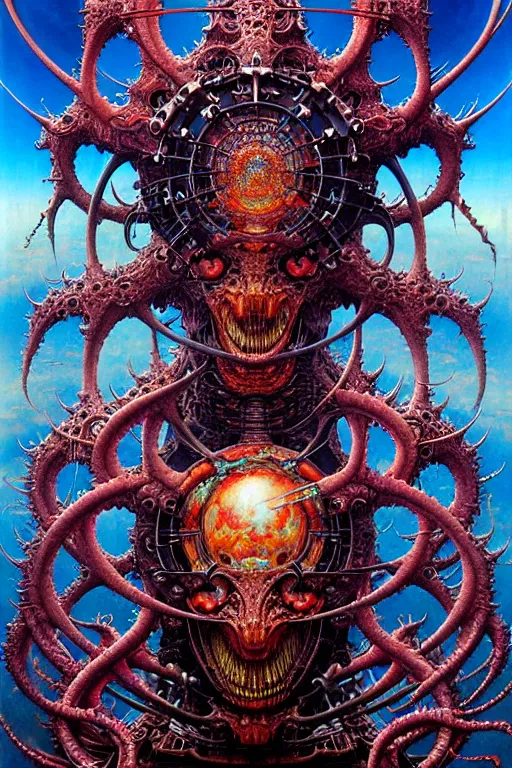 Prompt: realistic detailed image of technological nightmare abomination monster god. aerial perspective, high quality. style by lisa frank, ayami kojima, amano, karol bak, greg hildebrandt, and mark brooks, neo - gothic, gothic, rich deep colors. beksinski painting, part by adrian ghenie and gerhard richter. art by takato yamamoto. masterpiece