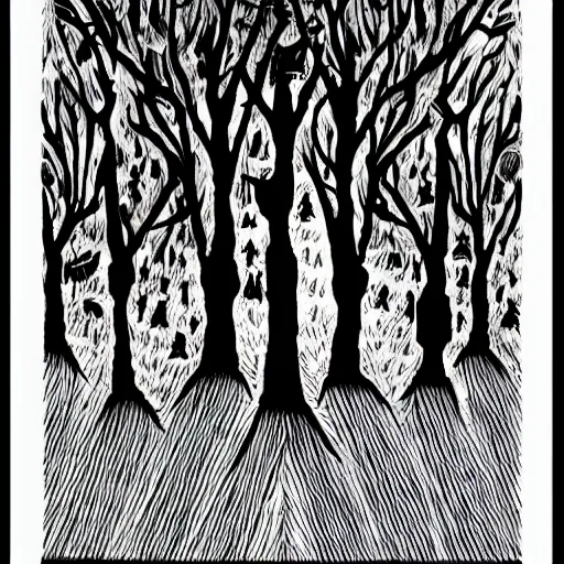 Image similar to dark trees illustration, dark fantasy, black ink on white paper, sketched 4k