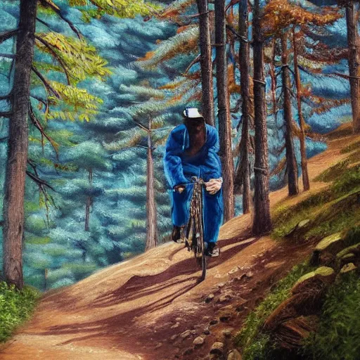 Prompt: man biking up a steep forest hill with a deep blue sweater. sweaty. Oil painting. Emotional. Trending on artstation. Steep. Trees.