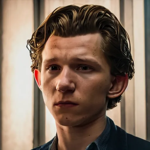 Image similar to tom holland as a rough dirty old man with a scruffy beard in a dark blue trenchcoat as the new doctor who, cinematic, volumetric lighting, f 8 aperture, cinematic eastman 5 3 8 4 film, photorealistic