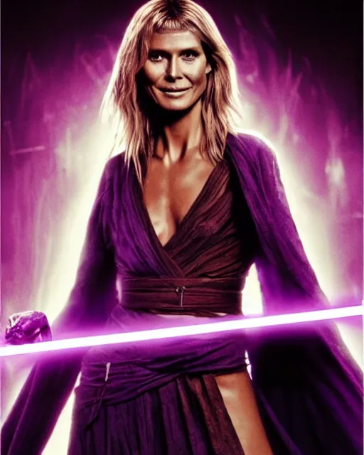 Image similar to heidi klum as a jedi with ripped and damaged clothes holding a purple lightsaber in her hands, very dark background, official star wars episode xii movie poster, perfect symmetrical face, moody lighting, 8 k, shallow depth of field, intricate detail,