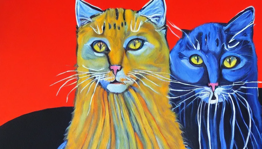 Image similar to acrylic painting of really tall cats by elizabeth warren bushel, thick brush strokes and visible paint layers