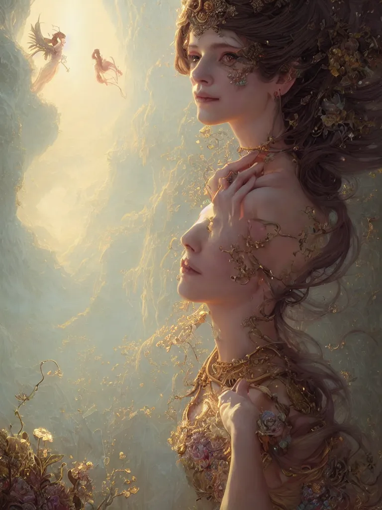 Image similar to highly detailed portrait of beautiful ethereal woman in ornate clothing, stephen bliss, unreal engine, fantasy art by greg rutkowski, loish, rhads, ferdinand knab, makoto shinkai and lois van baarle, ilya kuvshinov, rossdraws, tom bagshaw, global illumination, radiant light, detailed and intricate environment