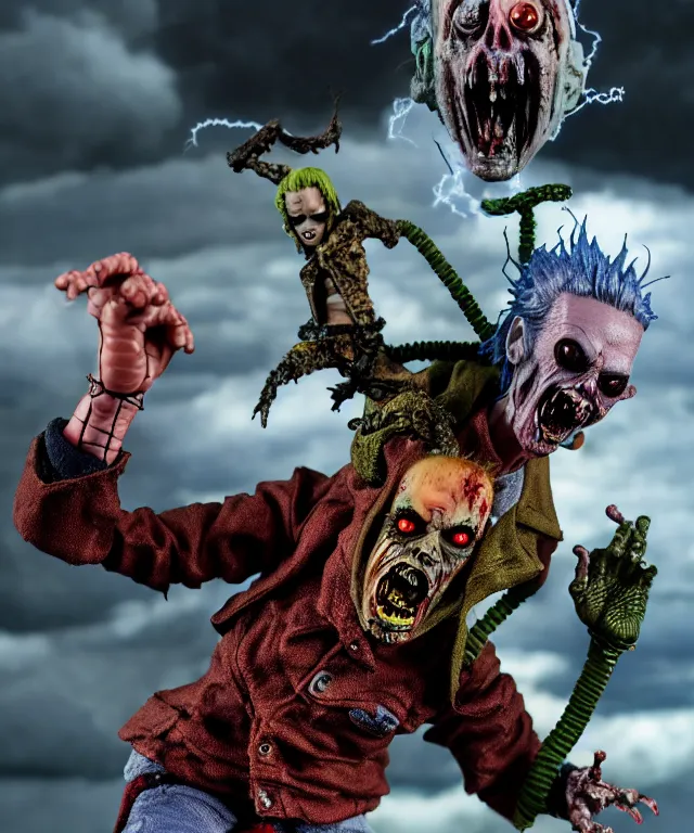 Prompt: hyperrealistic rendering, epic boss battle, punk rock zombie, by art of skinner and richard corben, product photography, collectible action figure, sofubi, hottoys, storm clouds, outside, lightning