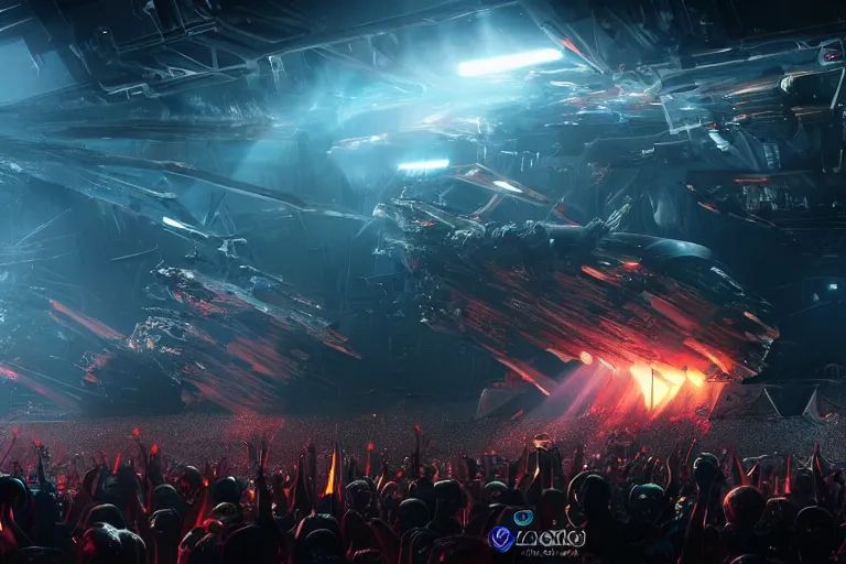 Image similar to a futuristic epic rock concert with flames and laser, huge clouds of smoke and bright beams of light, the crowd are screaming in ecstasy, hypermaximalistic, high details, cinematic, 8k resolution, beautiful detailed, insanely intricate details, artstation trending, octane render, unreal engine