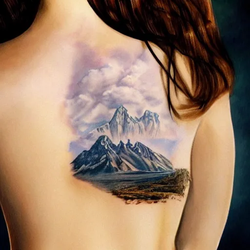 Image similar to realism tattoo sketch of double exposure megan fox and beautiful mountain scenery, in the style of andrey lukovnikov