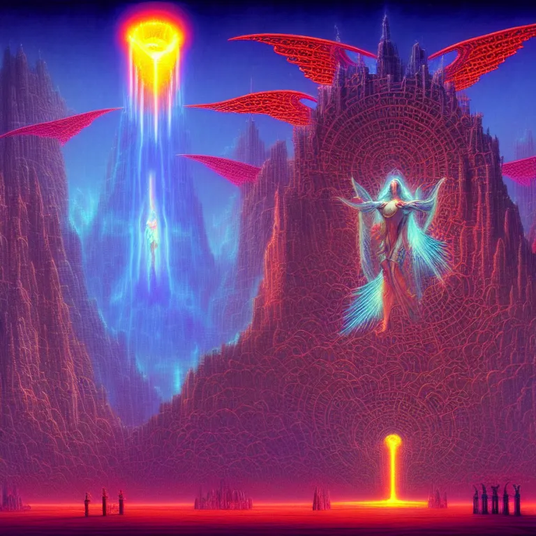 Prompt: mysterious glowing angels over epic dark ancient city, infinite fractal tesseract, quantum waves, synthwave, bright neon colors, highly detailed, cinematic, tim white, vladimir kush, philippe druillet, roger dean, bob eggleton, michael whelan, boris vallejo, alfred kelsner, kubrick