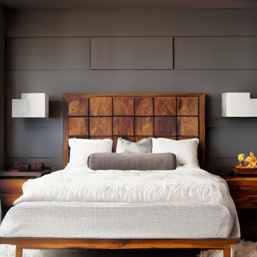 Prompt: award-winning catalog photo modern light wooden headboard in the shape of an ornate fireplace mantel master bedroom