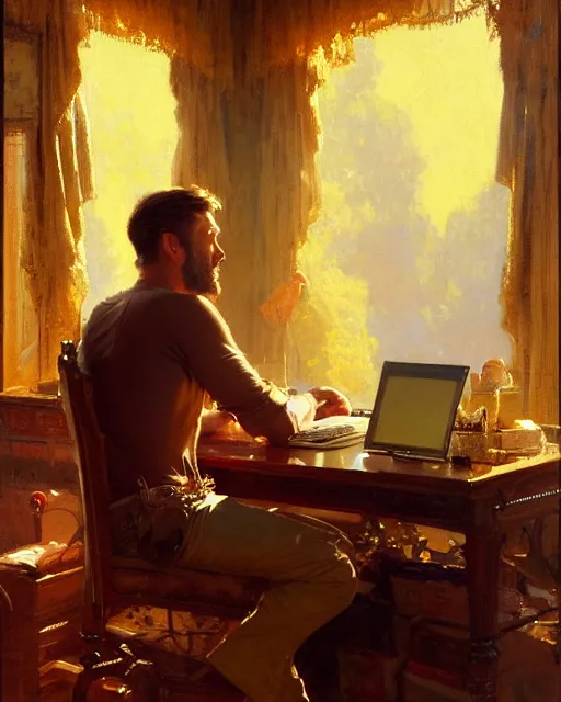 Image similar to attractive 3 5 year old man typing away at his computer, watching the screen gleefully, golden hour painting by gaston bussiere, craig mullins, j. c. leyendecker