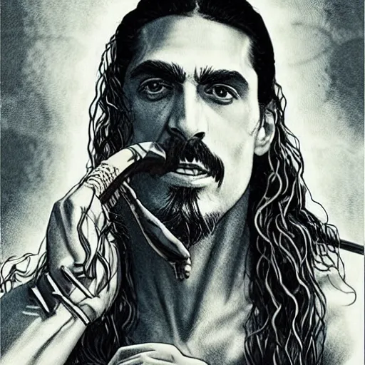 Prompt: pen and ink!!!! attractive!! 22 year old Frank Zappa!! x Jason Momoa x Jared Leto!! golden!!! Vagabond!!!!!!! magic swordsman glides through a beautiful battlefield magic the gathering dramatic esoteric!!!!!! pen and ink!!!!! illustrated in high detail!!!!!!!! by Hiroya Oku!!!!! Written by Wes Anderson graphic novel published on shonen jump 2002 award winning!!!!