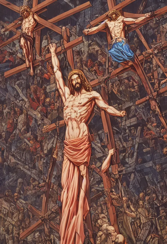 Image similar to comic book panel of the crucifixion of christ by dan mumford, yusuke murata, makoto shinkai, ross tran, intricate detail, cinematic, 8 k, cel shaded, unreal engine, featured on artstation, pixiv