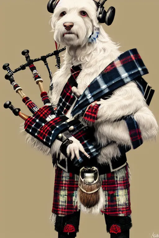 Prompt: a white cockapoo wearing a tartan jacket playing the bagpipes and wearing headphones, anatomy, bathed in light, highly detailed, photorealistic, artstation, smooth, sharp focus, illustration, unreal engine 5, 8 k, art by artgerm and greg rutkowski and edgar maxence