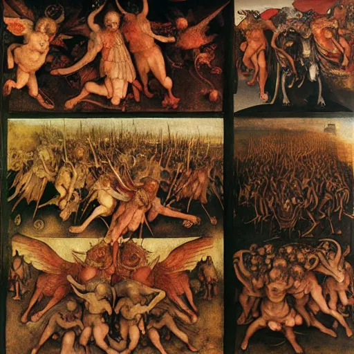 Image similar to vision of hell with winged demons flying over the flames, art by albrecht durer, art by hans memling, art by leonardo da vinci, art by francisco goya, art by pieter bruegel the elder, art by jan van eyck