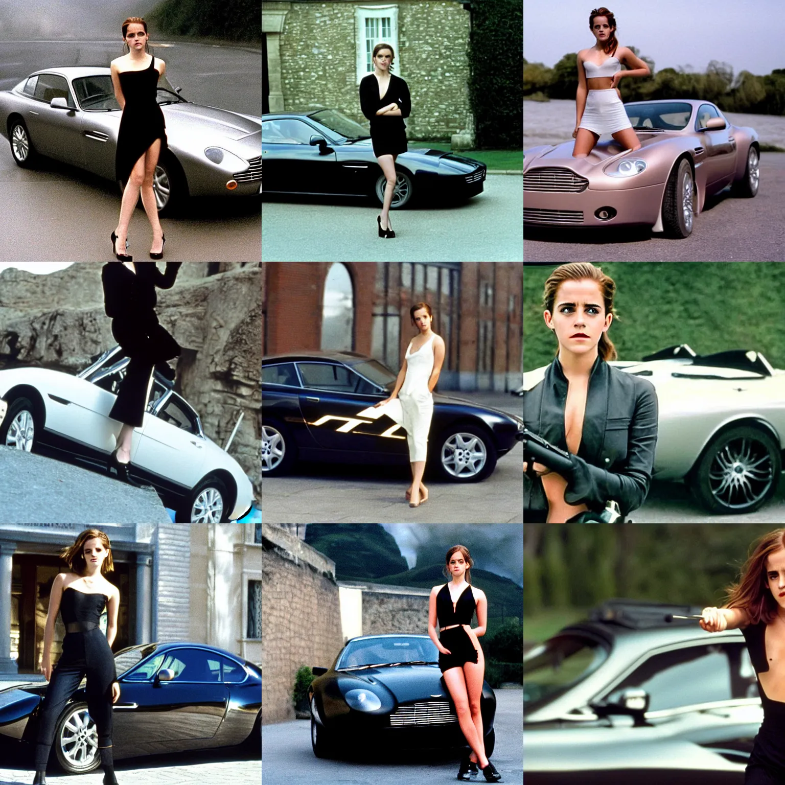 Prompt: Emma Watson as James Bond, posing outside an Aston Martin, film still from 'Tomorrow Never Dies' (1997)