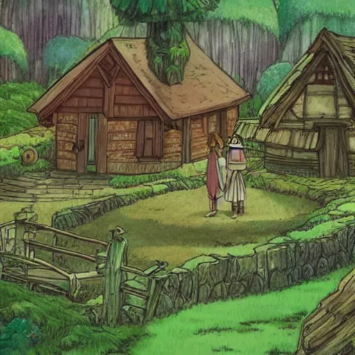 Image similar to a forrest mystical society and village, studio ghibli style