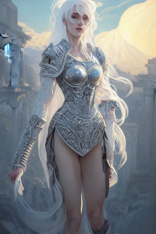 Image similar to portrait white hair knights of Zodiac girl, Sliver ice color reflected armor, in ruined Agora of Athens Sunrise, ssci-fi and fantasy, intricate and very very beautiful and elegant, highly detailed, digital painting, artstation, concept art, smooth and sharp focus, illustration, art by tian zi and WLOP and alphonse mucha