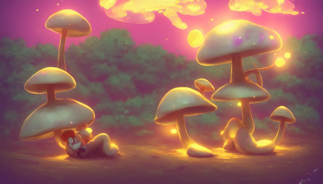 Prompt: concept art for a cute thicc mushroom creature, anime style, golden hour, lens flare, pastel pink glow, sitting on the beach | | epic - fine - clean, polished, trending on artstation, brush strokes