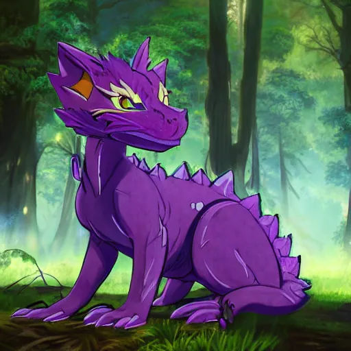 Prompt: concept art painting of an anthropomorphic purple anime furry dragon, in the deep forest, realistic, detailed, cel shaded, in the style of makoto shinkai and greg rutkowski and james gurney