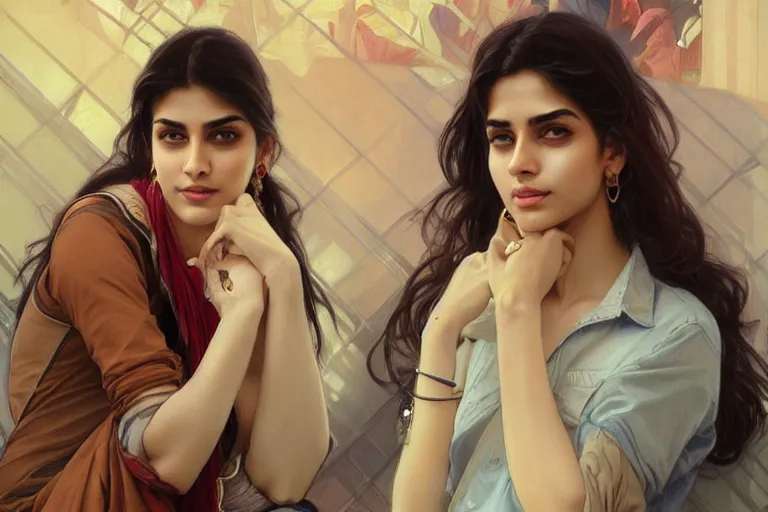 Image similar to Sensual good looking pale young Indian doctors wearing jeans in an airport, portrait, elegant, intricate, digital painting, artstation, concept art, smooth, sharp focus, illustration, art by artgerm and greg rutkowski and alphonse mucha