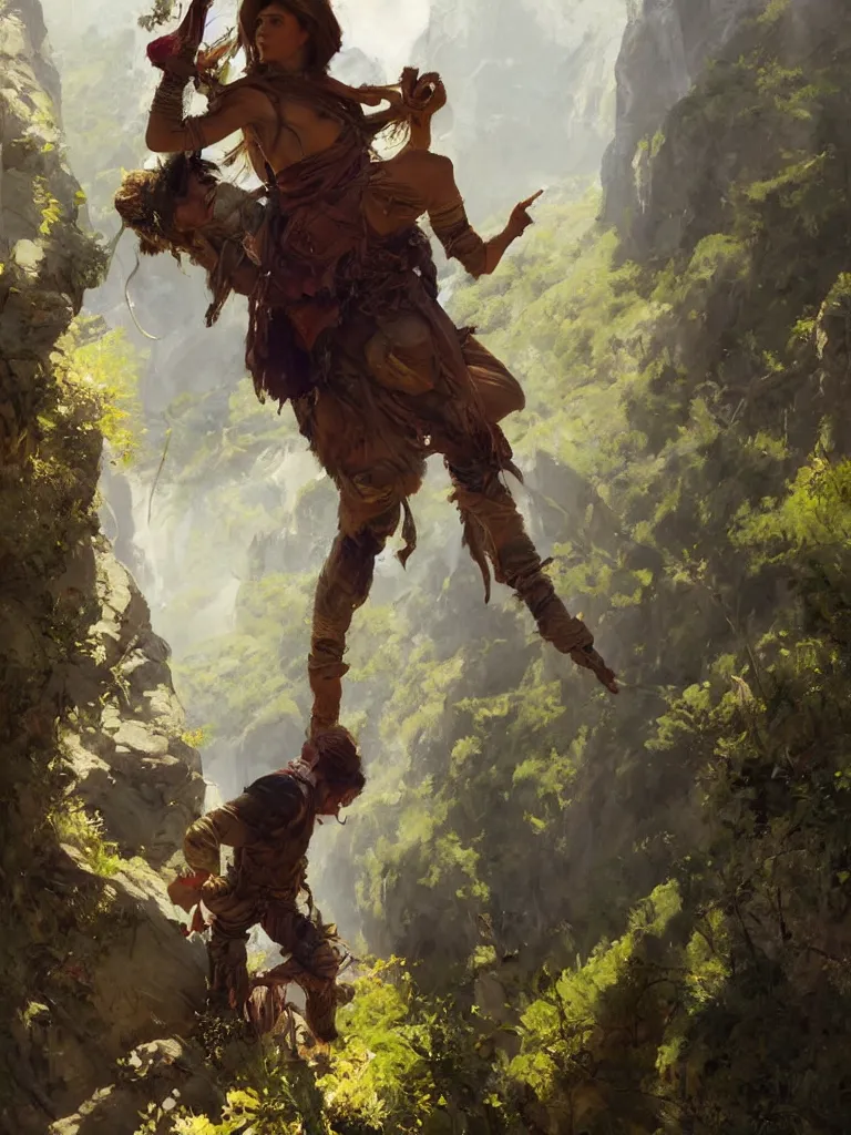 Image similar to oil art close - up portrait of one single young roma mage adventurer climbing down a cliffside in style of disco elysium character, gipsy jester character design from ravenloft, art by anders zorn, wonderful masterpiece by greg rutkowski, beautiful cinematic light, american romanticism by greg manchess, jessica rossier