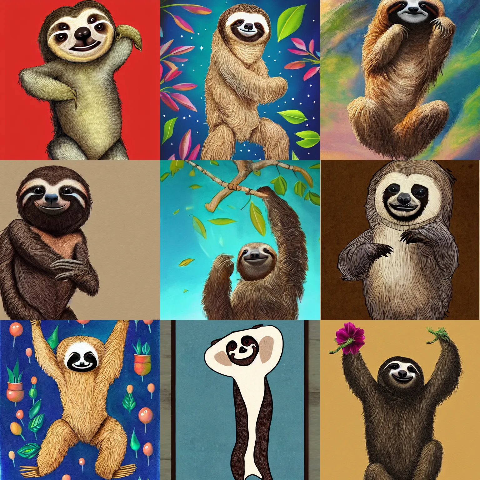 Image similar to beautiful art of a sloth dancing with joy, full body art, trending on ArtStation